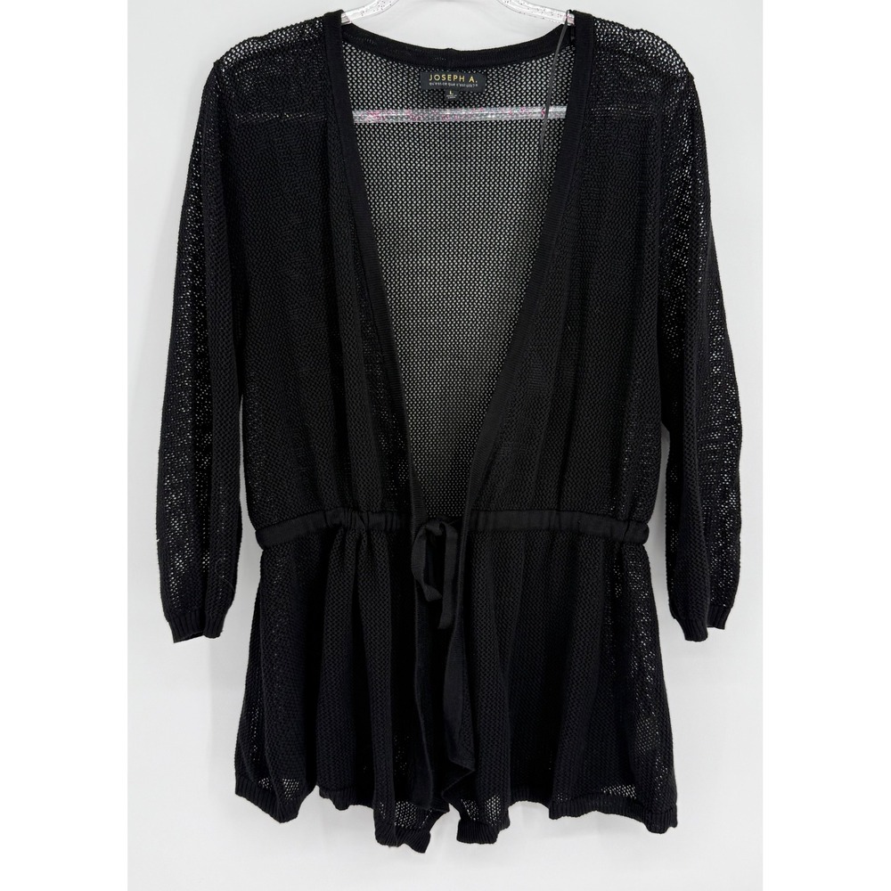 Joseph A Black Open Knit Mesh Cardigan Drawstring Waist 3/4 Sleeve Womens Sz L